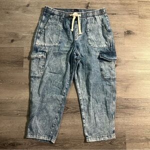 GAP Women’s Pull On Denim Cargo Jeans Indigo Acid Wash Size XL 100% Cotton Retro